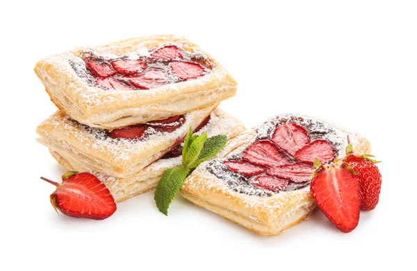 Strawberry Puff Pastries Sugar Powder Mint Leaves White Background — Stock Photo, Image
