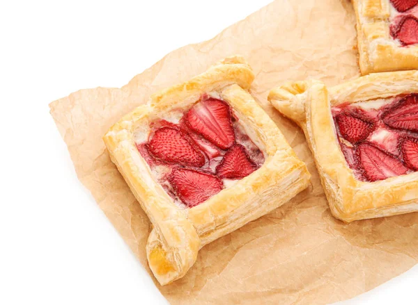 Parchment Paper Strawberry Puff Pastries White Background — Stock Photo, Image