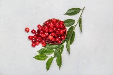 Hafif arka planda yeşil yapraklar ve bir kase tatlı kirazlı kompozisyon