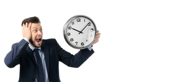 Empresário Estressado Segurando Relógio Fundo Branco Com Espaço Para Texto — Fotografia de Stock