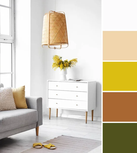 ソファと引き出しの胸の光のリビングルームで 異なる色パターン — ストック写真