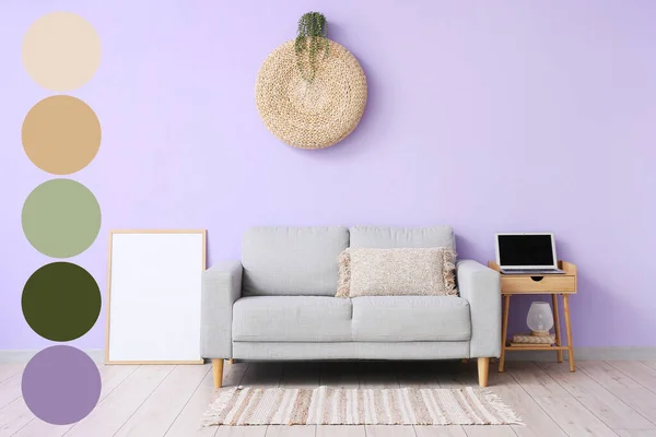 Comfortable Sofa Blank Photo Frame Table Lilac Wall Room Different — Stockfoto