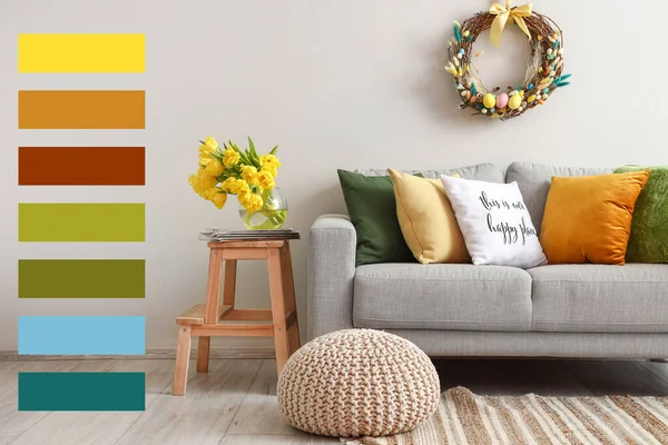 Comfortable Sofa Room Easter Decor Different Color Patterns — Stockfoto