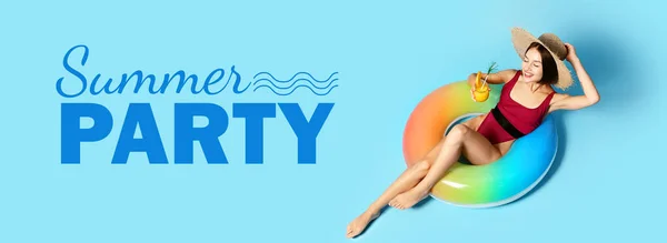Young woman with cocktail and inflatable ring on blue background with text SUMMER PARTY
