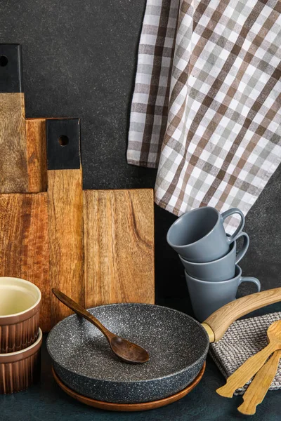 Stylish Kitchen Utensils Dark Table — Stock Photo, Image