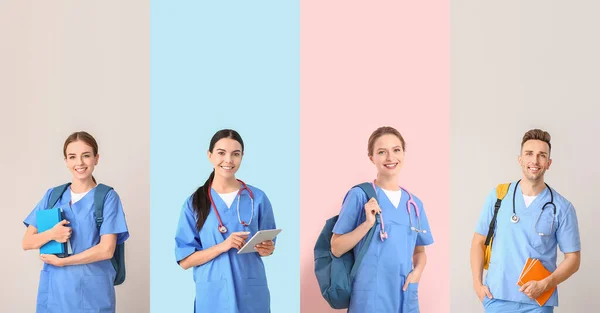 Conjunto Estudiantes Medicina Sobre Fondo Colorido — Foto de Stock