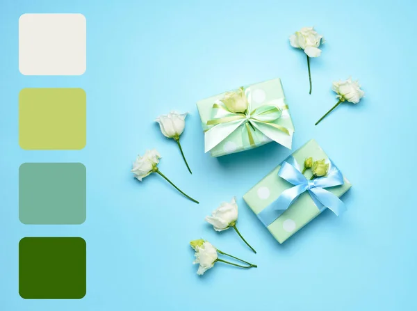 Samenstelling Met Geschenkdozen Bloemen Lichtblauwe Ondergrond Verschillende Kleurpatronen — Stockfoto