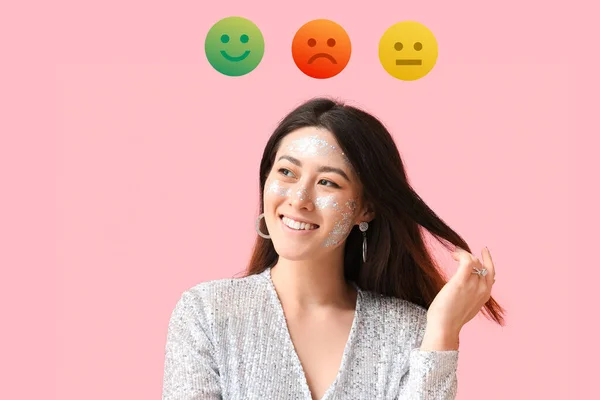 Beautiful Young Asian Woman Glitters Face Different Emoticons Pink Background — Stockfoto