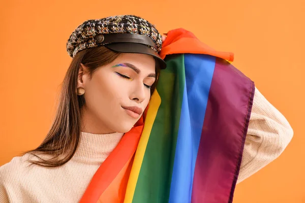 Portret Stylowej Młodej Transseksualistki Flagą Lgbt Tle Koloru — Zdjęcie stockowe