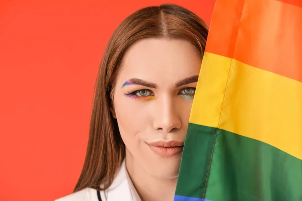 Portret Stylowej Młodej Transseksualistki Flagą Lgbt Tle Koloru — Zdjęcie stockowe