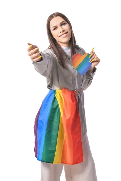 Portrait Stylish Young Transgender Woman Rainbow Heart White Background — Stock Photo, Image