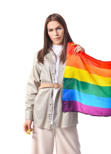 Portrait Stylish Young Transgender Woman Lgbt Flag White Background — Stock Photo, Image
