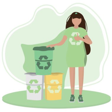 Beyaz arka planda çöp bidonları olan kadın eko süper kahraman. Geri dönüşüm kavramı