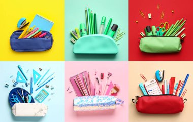 Renkli arkaplanda kalem kılıfları ve kırtasiye malzemesi olan kolaj