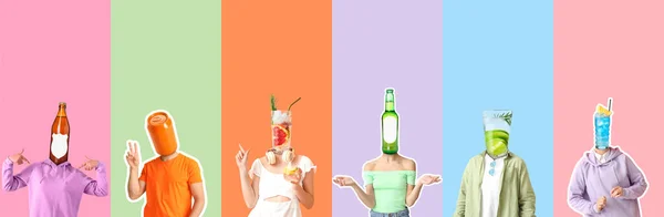 カラフルな背景で頭の代わりに異なる飲み物を持つ多くの人々 — ストック写真