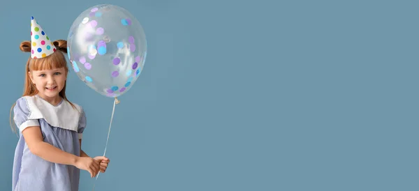 Cute Little Girl Birthday Cap Balloon Blue Background Space Text — Stock Photo, Image