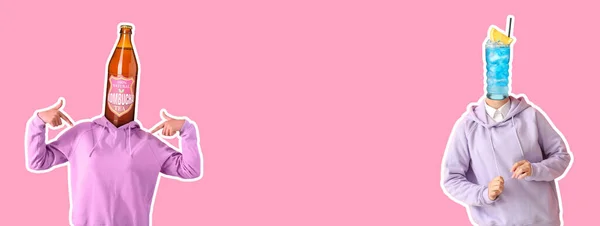 Жінки Смачним Комбуча Чаєм Коктейлем Замість Голови Рожевому Фоні — стокове фото
