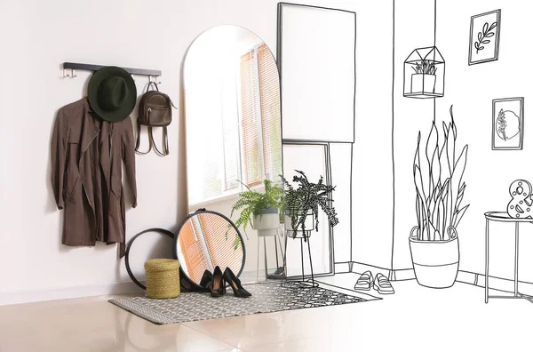 Nuovo Interno Del Corridoio Con Grande Specchio Vestiti Piante Appartamento — Foto Stock