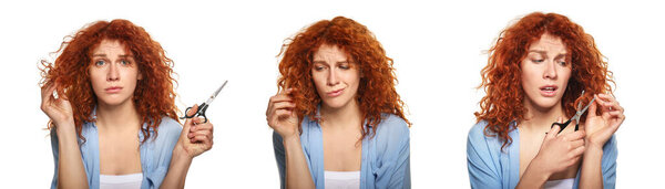 Set of sad woman displeased with her red curly hair on white background