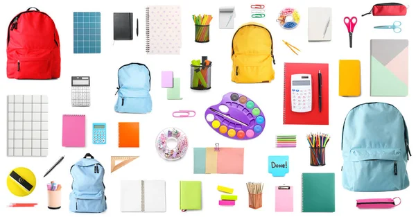 Set School Backpacks Stationery White Background — Stock Photo, Image