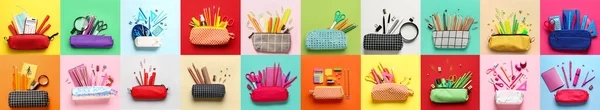 Collage Many Pencil Cases Stationery Colorful Background — Stock Photo, Image