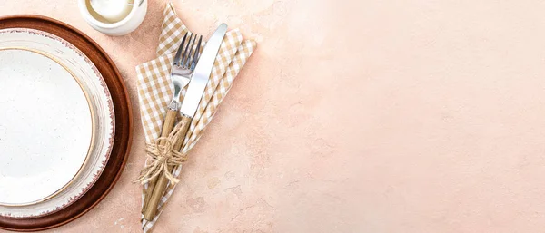 Simple Table Setting Beige Background Space Text — Stock Photo, Image