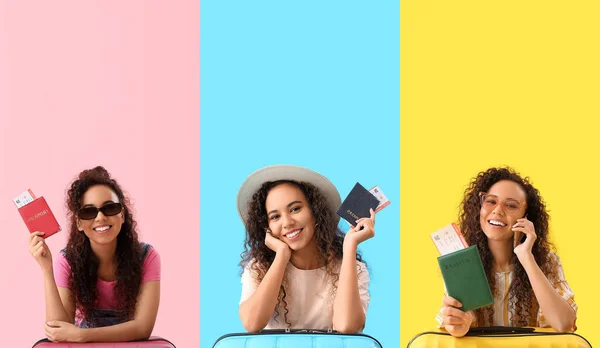 Conjunto Turista Afro Americano Feminino Com Documentos Mala Fundo Colorido — Fotografia de Stock