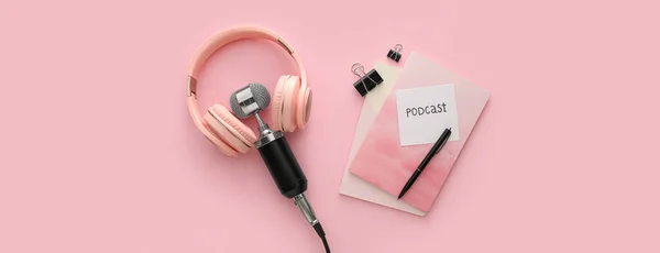 Microphone Headphones Stationery Paper Sheet Word Podcast Pink Background — Stock Photo, Image
