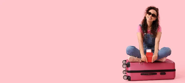 Young African American Woman Passport Tickets Suitcase Pink Background Space — Stock Photo, Image