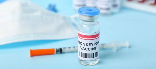 Monkeypox Vaccine Syringe Light Blue Background Closeup — Stock Photo, Image