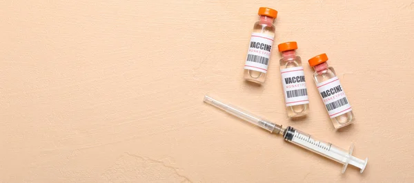 Ampules Monkeypox Vaccine Syringe Beige Background Space Text — Stock Photo, Image