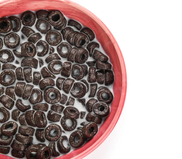 Bowl Tasty Cereal Rings Milk White Background Closeup — Stockfoto