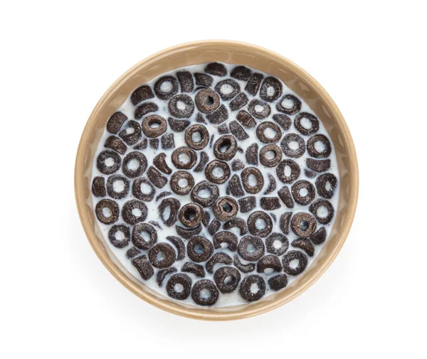 Bowl Ízletes Gabona Gyűrűk Tej Izolált Fehér Alapon — Stock Fotó