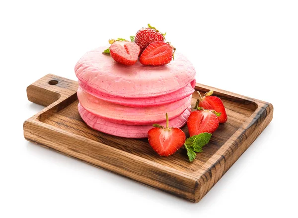 Wooden Board Stack Pink Pancakes Strawberry White Background — Stock Photo, Image