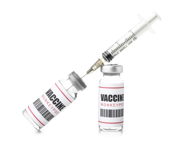 Ampule Vakcíny Proti Neštovicím Injekční Stříkačkou Bílém Pozadí — Stock fotografie