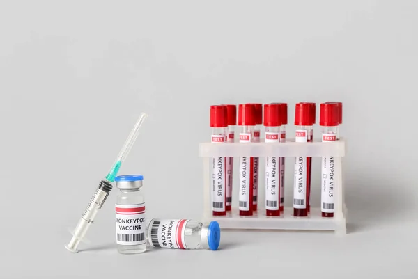 Ampules Monkeypox Vaccine Syringe Blood Samples Grey Background — Stock Photo, Image