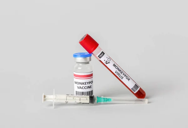 Monkeypox Vaccine Blood Sample Syringe Grey Background — Stock Photo, Image