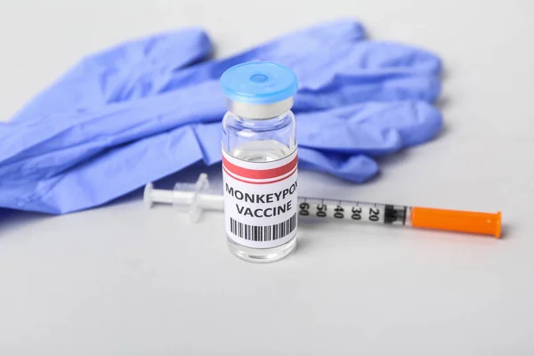 Monkeypox Vaccine Syringe Gloves Grey Background — Stock Photo, Image