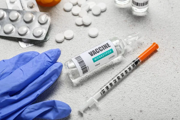 Monkeypox Vaccine Syringe Pills Gloves Light Background — Stock Photo, Image