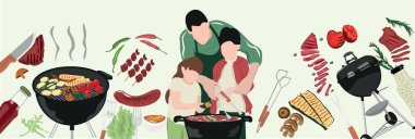 Küçük çocukları olan baba ızgarada yemek pişiriyor.