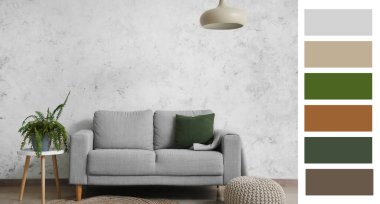 Oturma odasının içinde kanepe var. Farklı renk desenleri