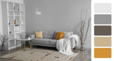 Oturma odasının içinde kanepe var. Farklı renk desenleri