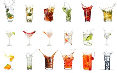 Beyazların üzerine su sıçratan farklı içecekler.