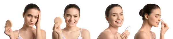 Zestaw Pięknej Młodej Kobiety Gąbkami Makijażu Białym Tle — Zdjęcie stockowe
