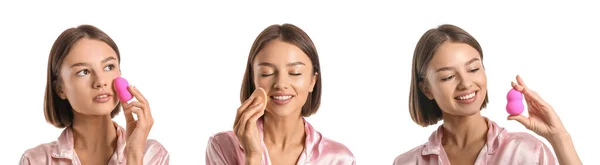 Conjunto Hermosa Mujer Con Esponjas Maquillaje Sobre Fondo Blanco — Foto de Stock