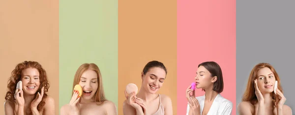 Conjunto Hermosas Mujeres Con Esponjas Maquillaje Sobre Fondo Colorido — Foto de Stock