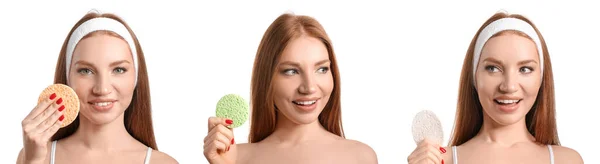 Set Beautiful Redhead Woman Makeup Sponges White Background — Stock Photo, Image