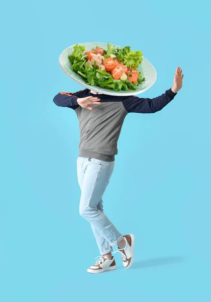 Dancing Man Plate Tasty Caesar Salad Instead His Head Blue — Stock Photo, Image