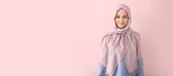 Beautiful Young Muslim Woman Pink Background Space Text — Stock Photo, Image