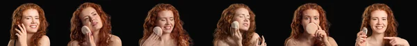 Σύνολο Όμορφη Νεαρή Κοκκινομάλλα Γυναίκα Σφουγγάρια Μακιγιάζ Μαύρο Φόντο — Φωτογραφία Αρχείου